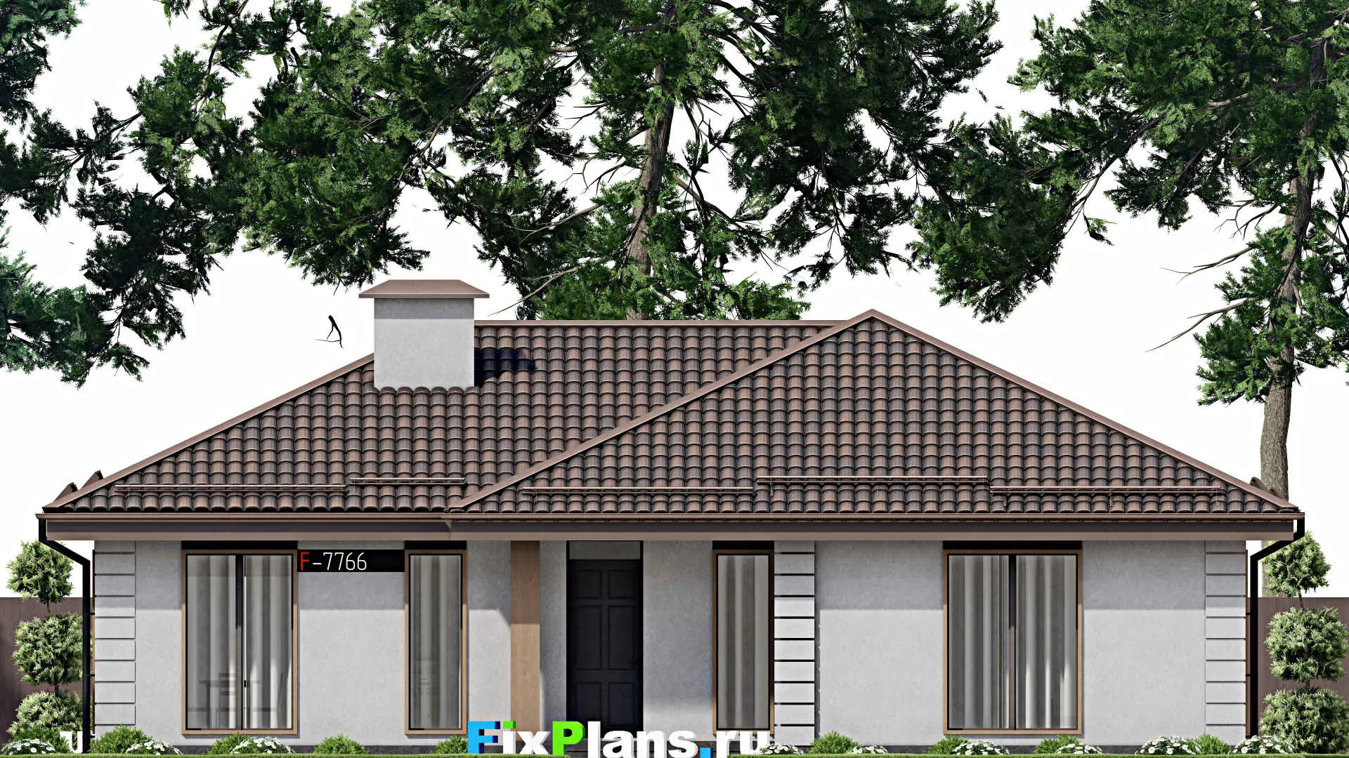 F-7766 - Проект одноэтажного дома 11 на 15, площадью 110 м² с террасой и 2 спальнями