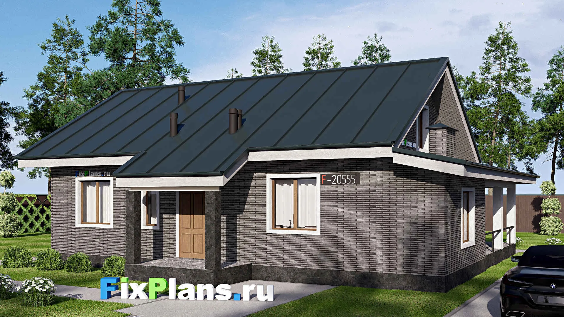 F-20555 - Проект одноэтажного дома 14 на 14, площадью 130 м² с террасой и 3 спальнями