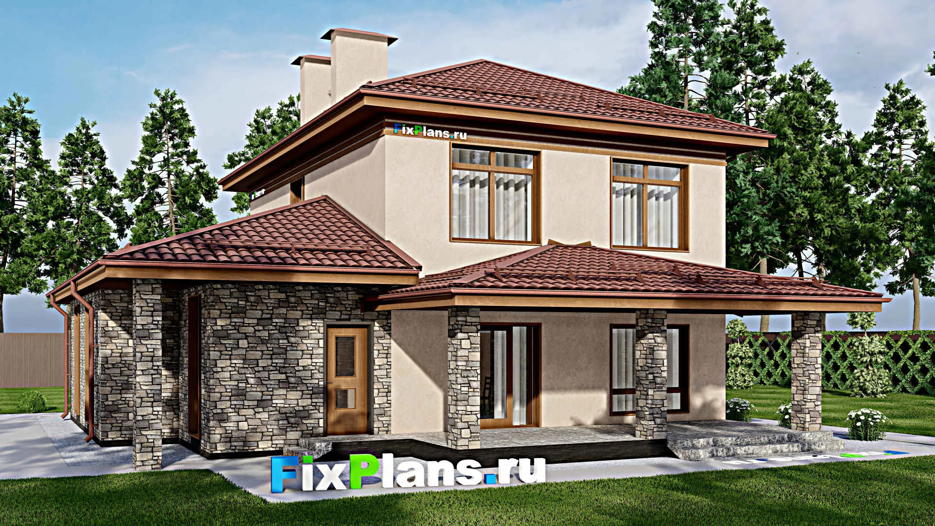 F-2222 - Планы двухэтажного дома 12 на 15, площадью 200 м² с террасой, гаражом на 1 машину и 5 спальнями