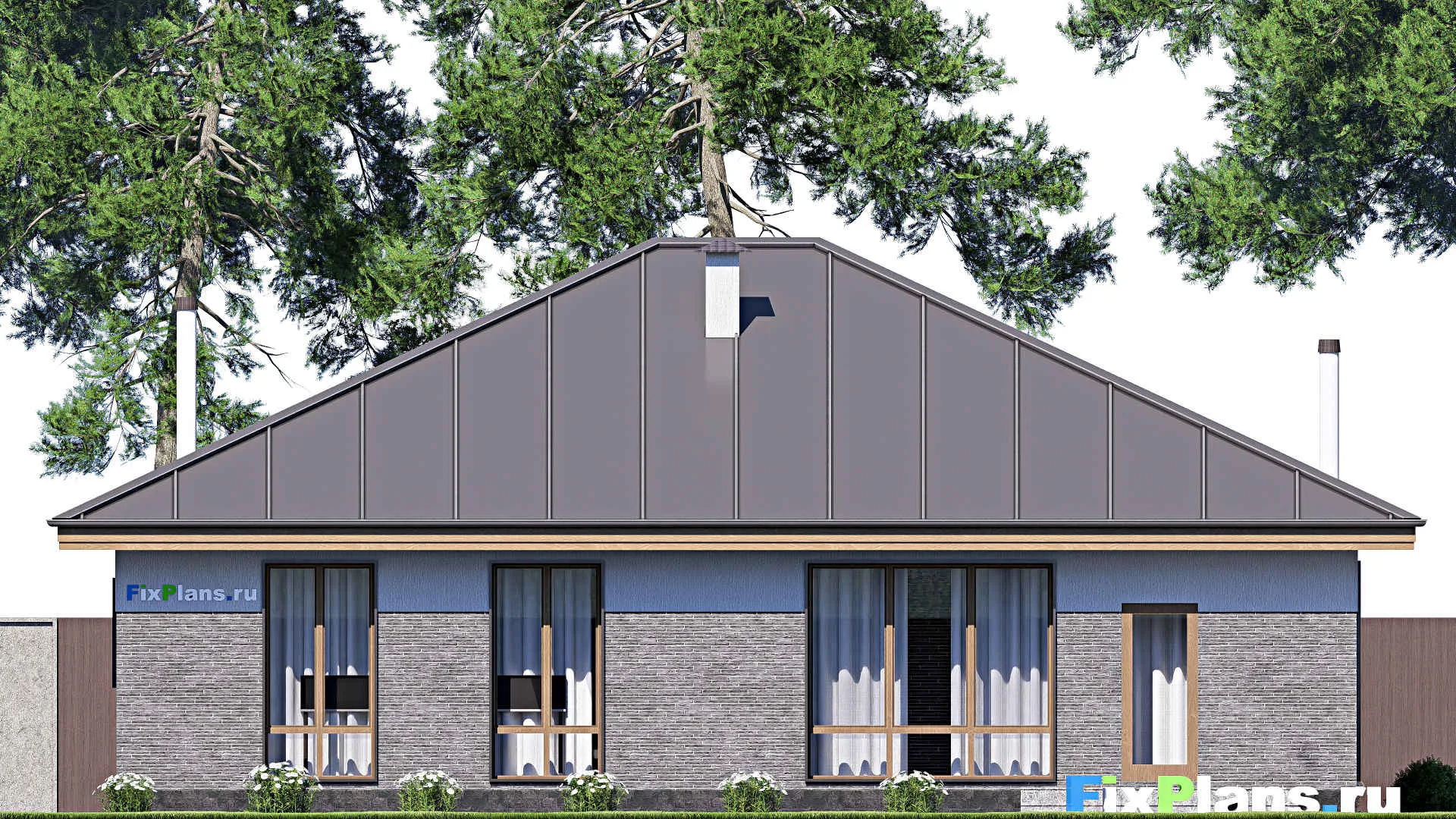 F-18206 - Проект одноэтажного дома 13 на 15, площадью 140 м² с террасой, баней и 3 спальнями