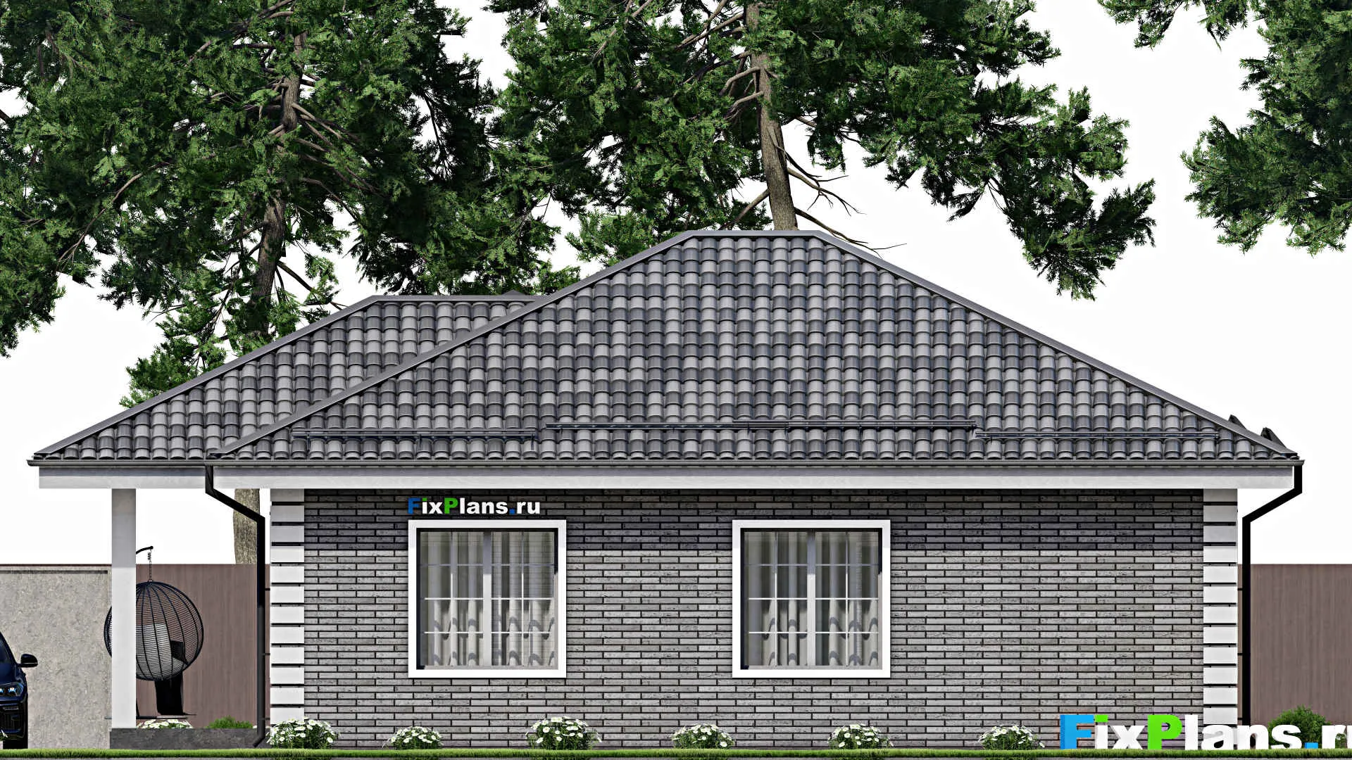 F-7739 - План одноэтажного дома 11 на 12, площадью 120 м² с террасой и 3 спальнями