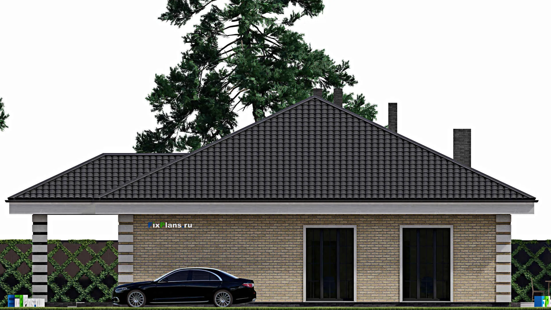 F-0953 - План одноэтажного дома 14 на 14, площадью 190 м² с террасой и 4 спальнями