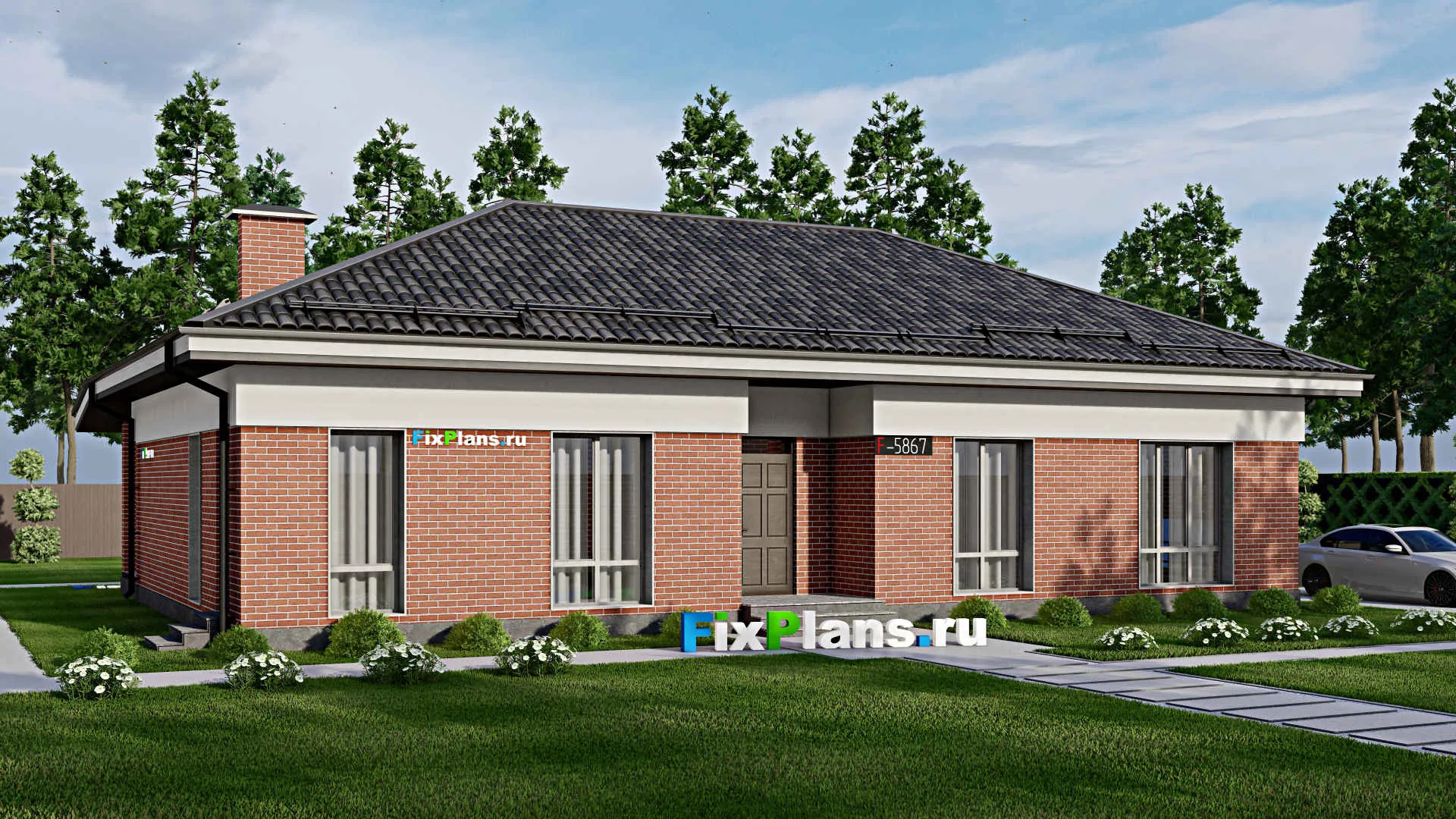 F-5867 - Проект одноэтажного дома 11 на 18, площадью 180 м² с террасой и 4 спальнями