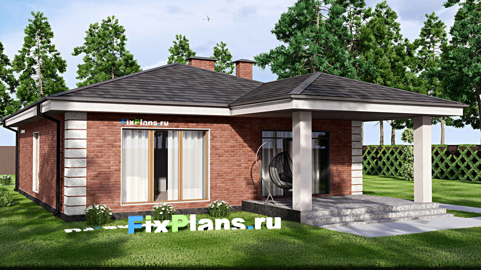 F-13850 - Проект одноэтажного дома 12 на 17, площадью 130 м² с террасой и 3 спальнями