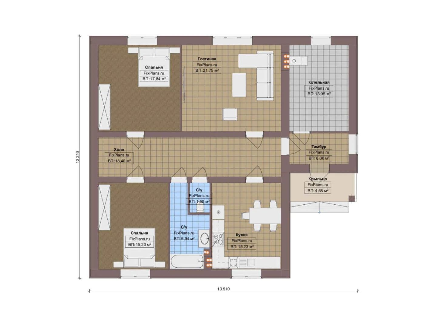 F-14786 - План одноэтажного дома 13 на 14, площадью 130 м² с 2 спальнями