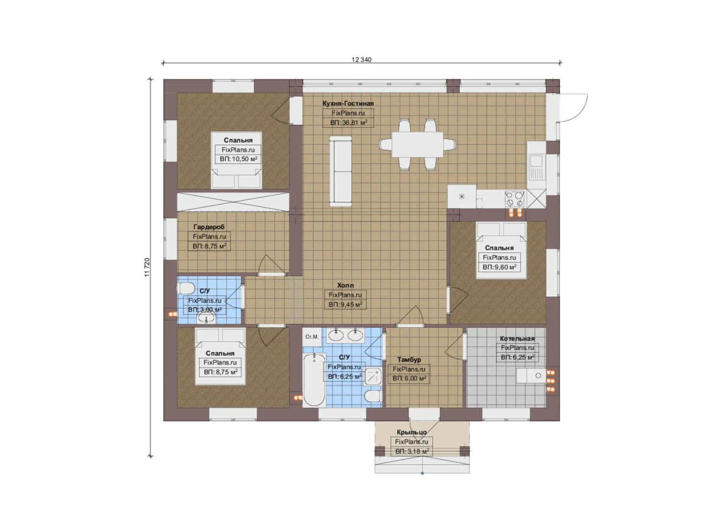 F-18512 - План одноэтажного дома 12 на 13, площадью 110 м² с 3 спальнями