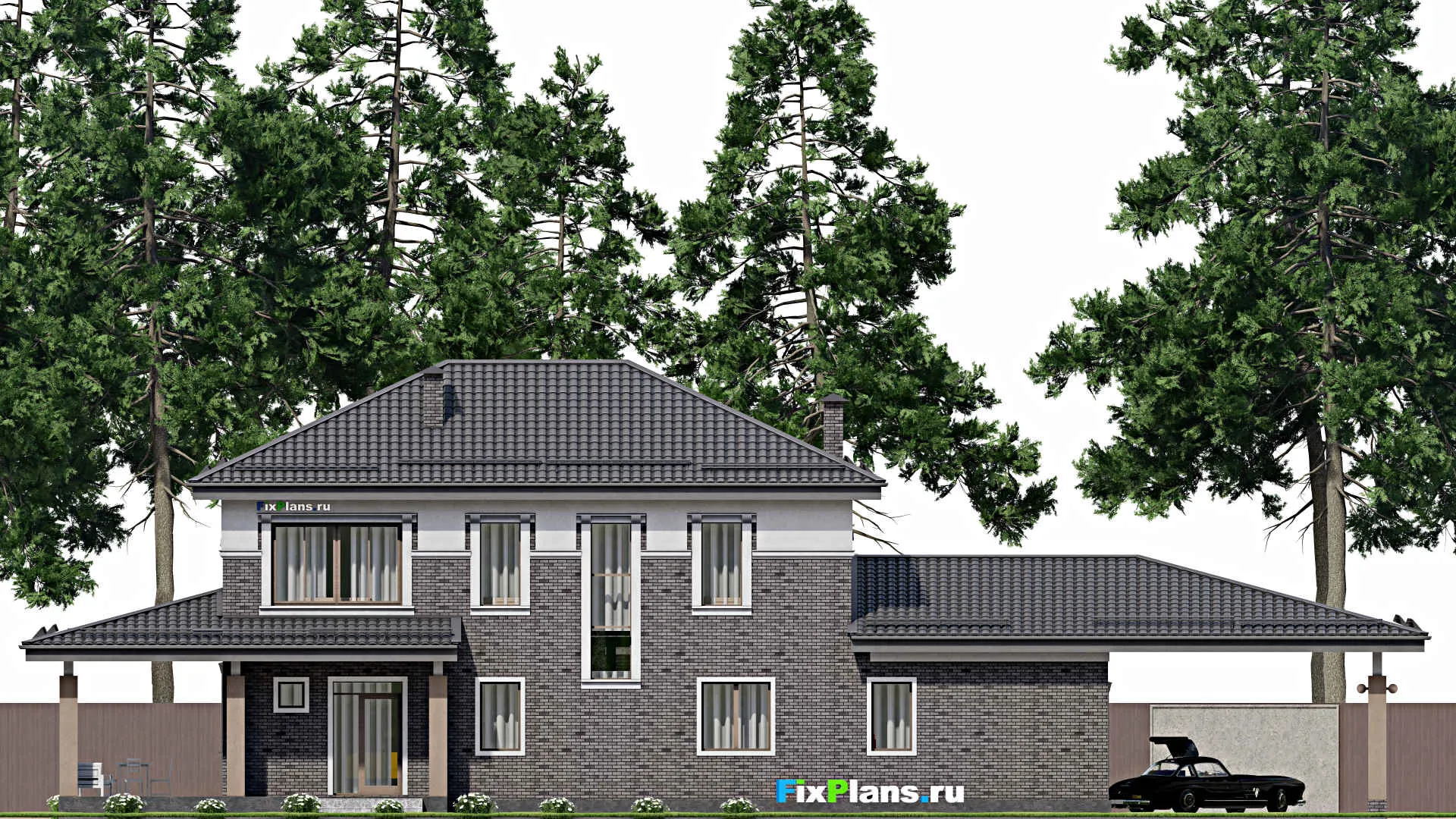 F-10079 - Планы двухэтажного дома 12 на 28, площадью 270 м² с террасой, баней, гаражом на 1 машину и 5 спальнями