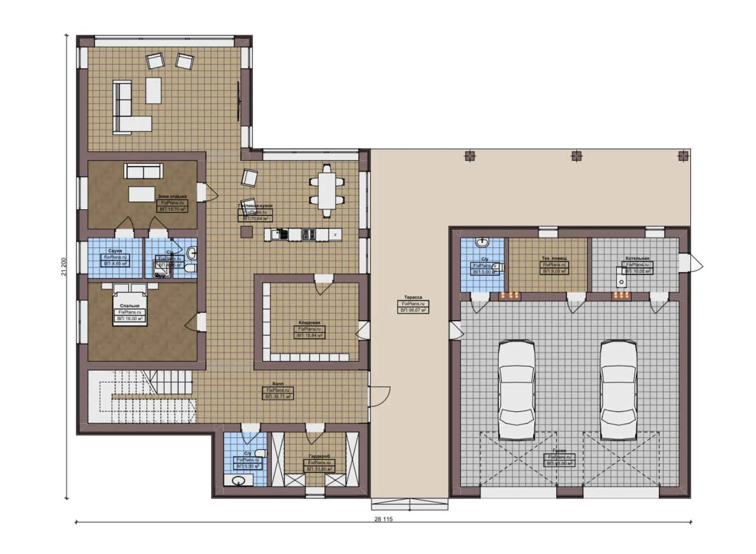 F-9296 - Планы двухэтажного дома 22 на 29, площадью 510 м² с террасой, баней, гаражом на 2 машины и 5 спальнями