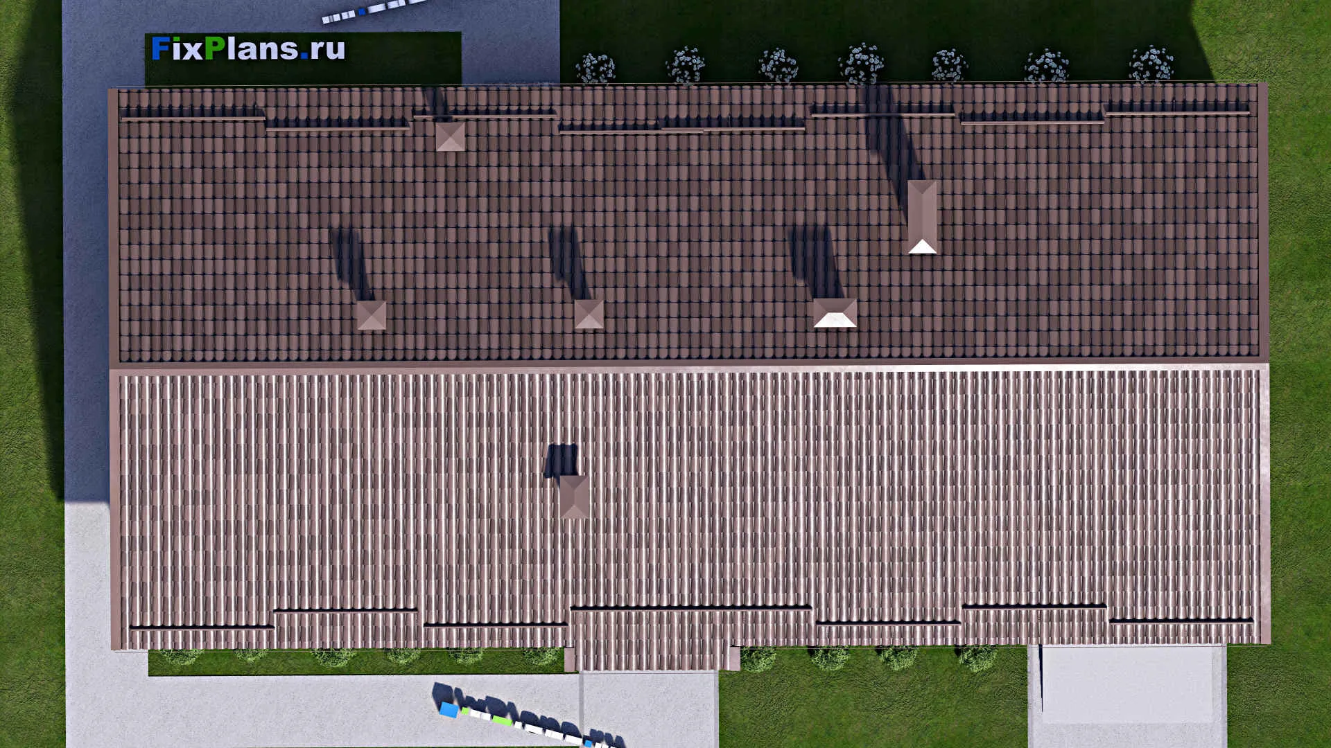 F-14030 - План одноэтажного дома 13 на 23, площадью 190 м² с баней, гаражом на 1 машину и 2 спальнями