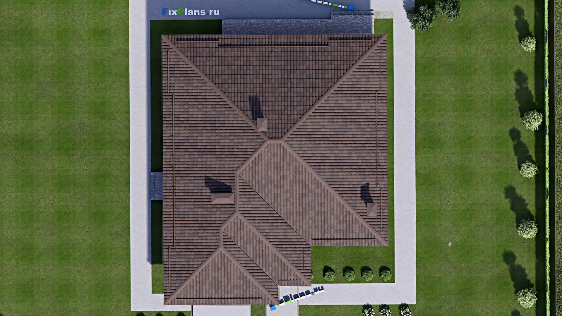 F-16964 - План одноэтажного дома 16 на 20, площадью 210 м² с террасой, гаражом на 1 машину и 3 спальнями