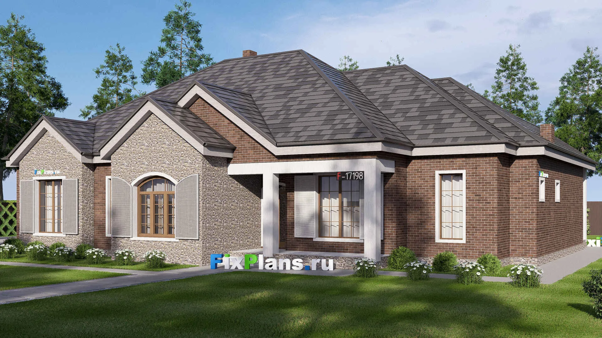 F-17198 - Проект одноэтажного дома 21 на 22, площадью 310 м² с террасой, гаражом на 2 машины и 3 спальнями