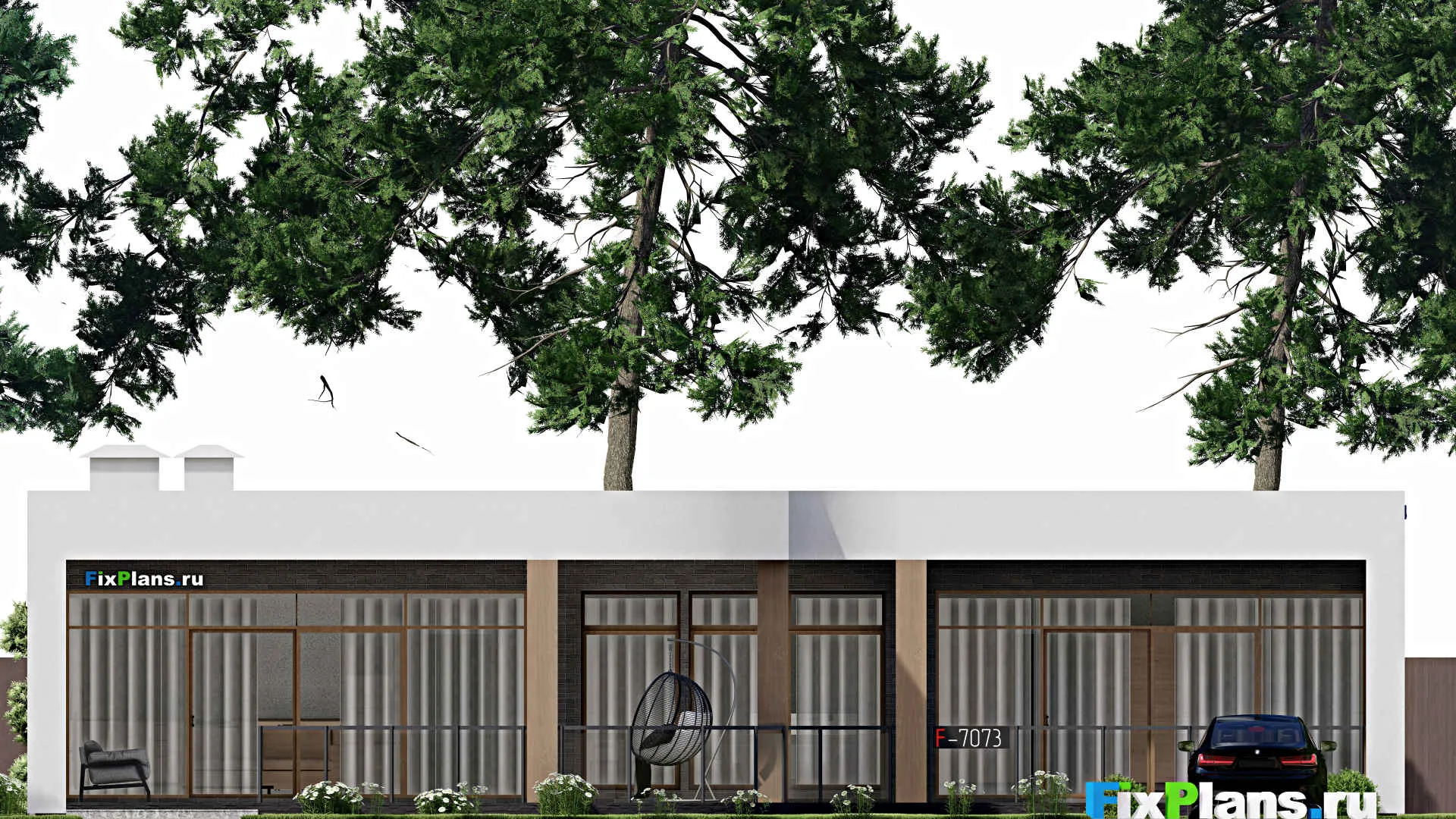 F-7073 - Проект одноэтажного дома 18 на 18, площадью 240 м² с террасой и 3 спальнями