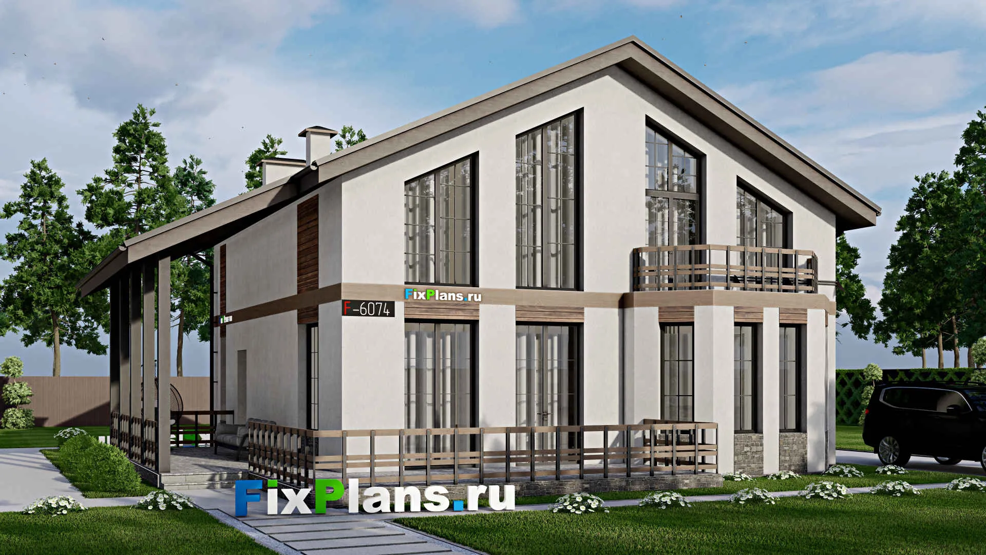 F-6074 - Проект дома с мансардой 12 на 14, площадью 240 м² с баней и 4 спальнями