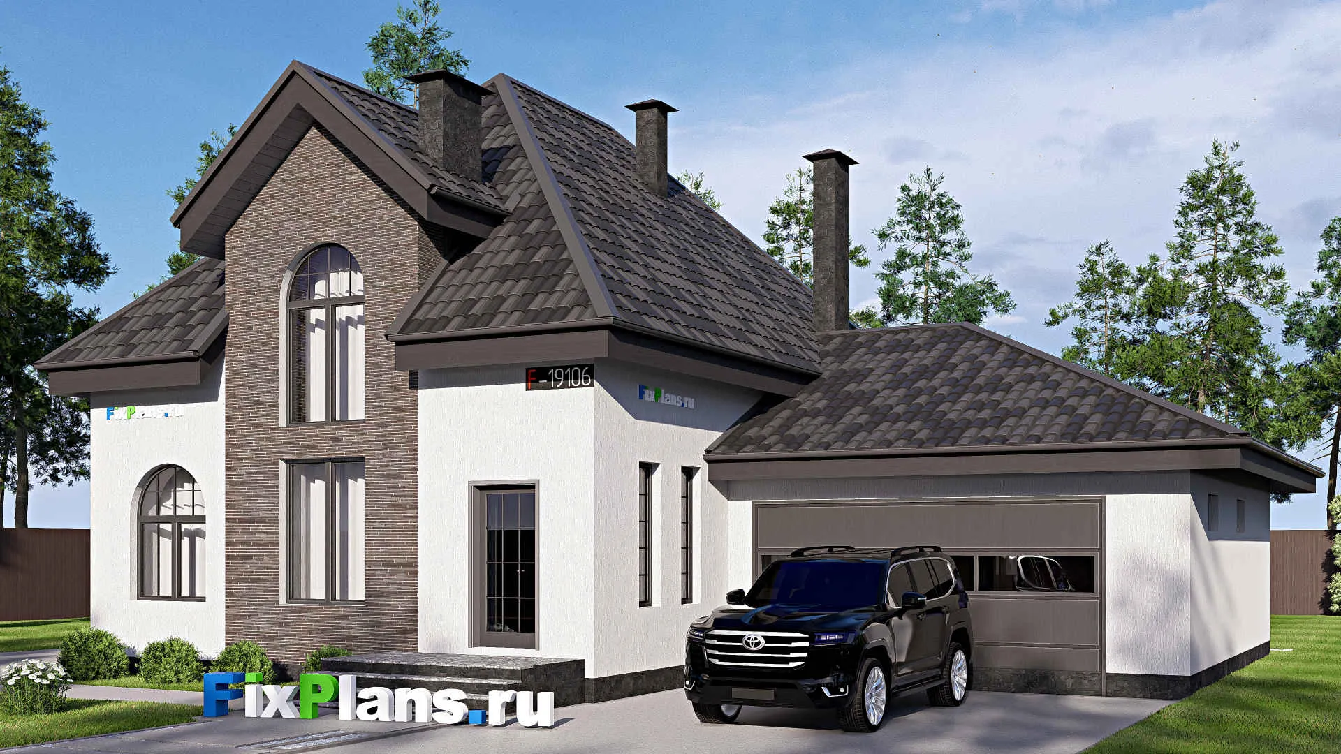 F-19106 - Проект дома с мансардой 14 на 19, площадью 190 м² с террасой, гаражом на 1 машину и 2 спальнями