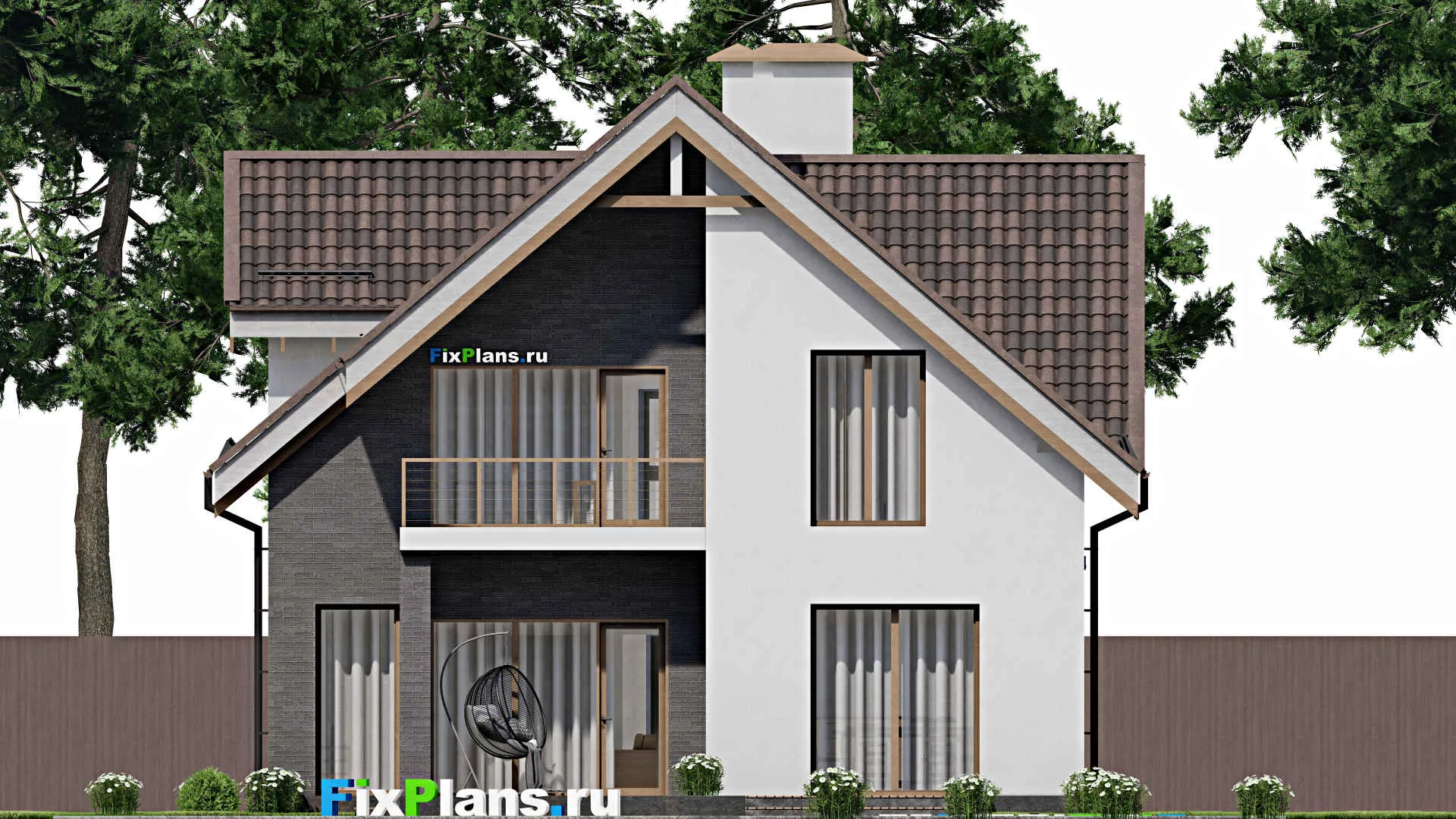 F-5732 - Проект дома с мансардой 11 на 20, площадью 240 м² с террасой, балконом, гаражом на 1 машину и 3 спальнями