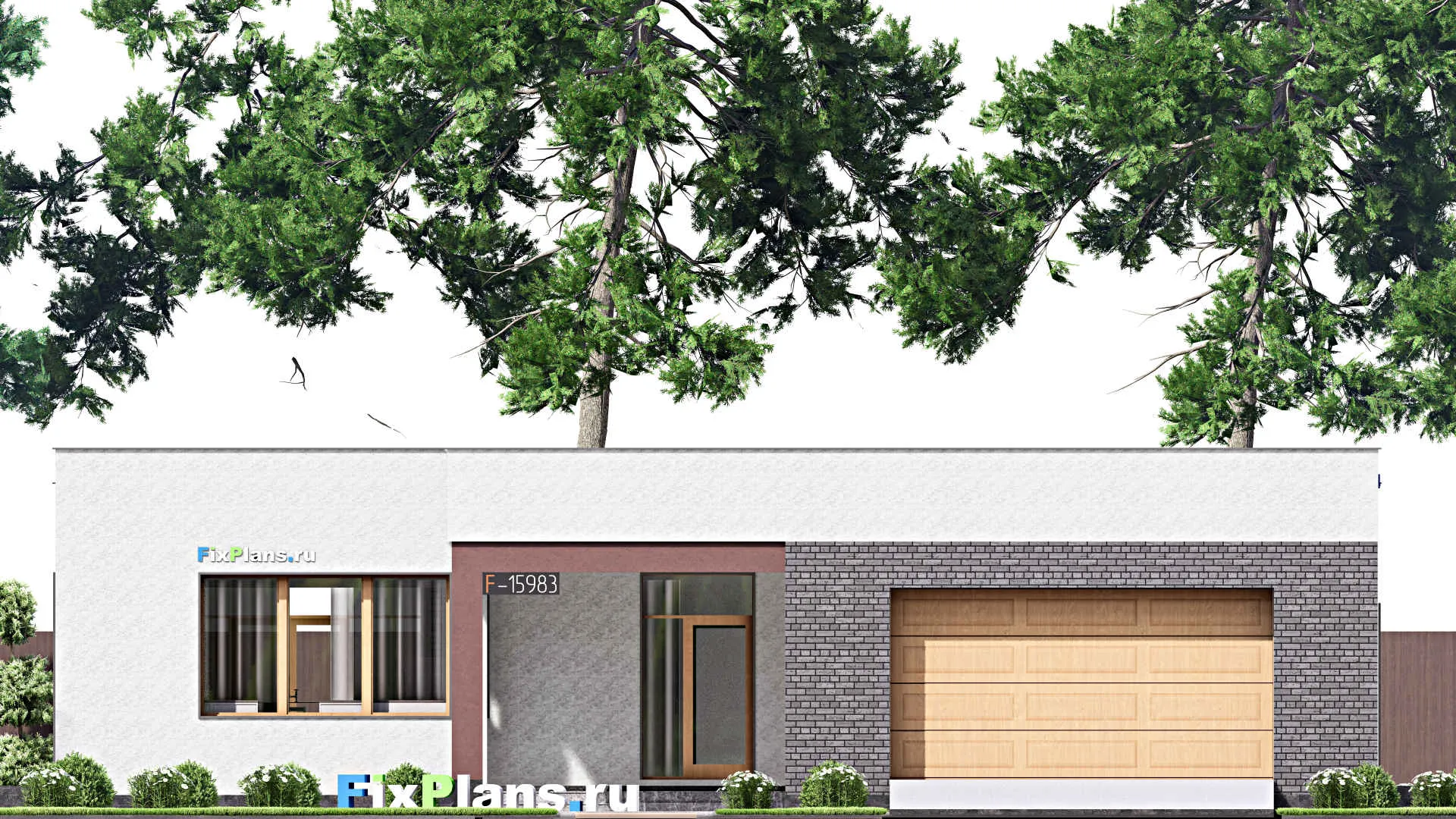 F-15983 - Проект одноэтажного дома 21 на 22, площадью 280 м² с террасой, гаражом на 2 машины и 3 спальнями