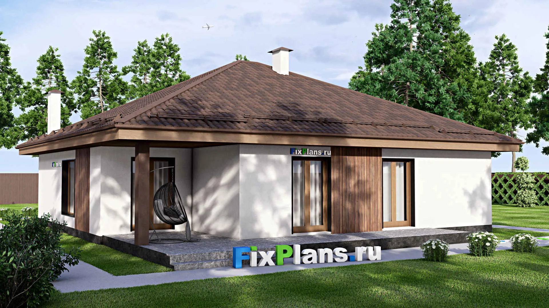 F-16964 - План одноэтажного дома 16 на 20, площадью 210 м² с террасой, гаражом на 1 машину и 3 спальнями