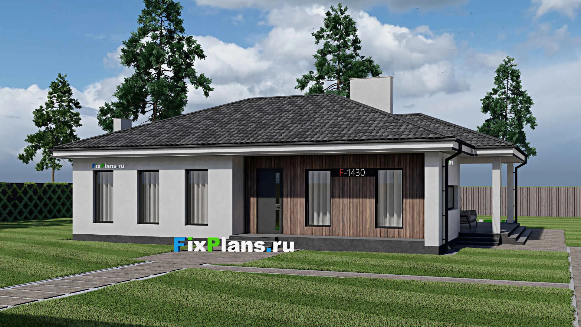 F-1430 - Проект одноэтажного дома 11 на 15, площадью 150 м² с террасой и 2 спальнями