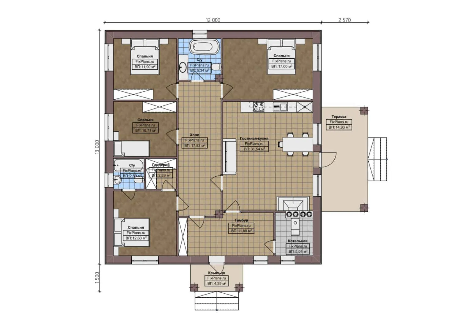 F-3302 - План одноэтажного дома 12 на 13, площадью 150 м² с террасой и 4 спальнями