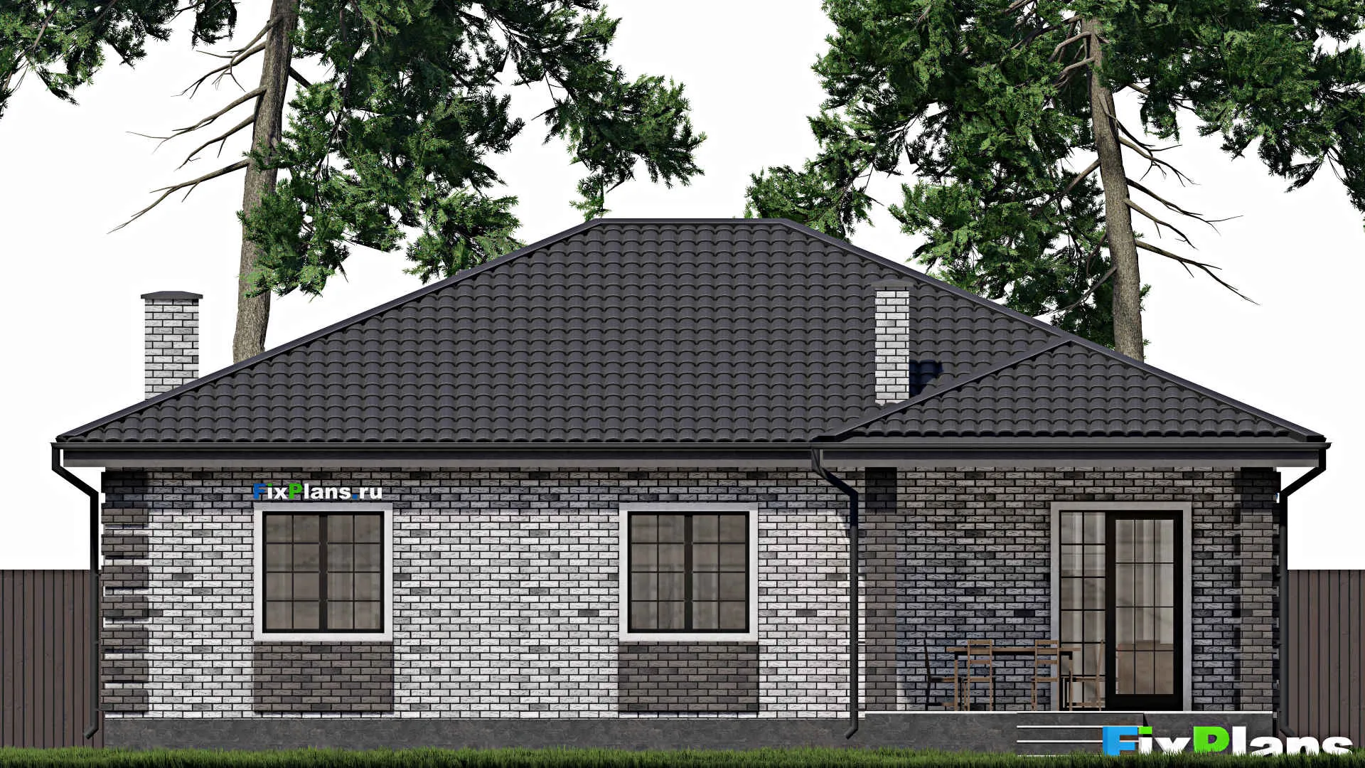 F-0845i - Проект одноэтажного дома 14 на 14, площадью 160 м² с террасой и 3 спальнями