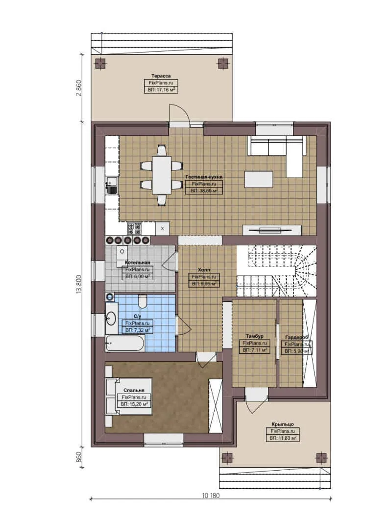 F-2618 - Планы двухэтажного дома 11 на 14, площадью 220 м² с террасой и 4 спальнями