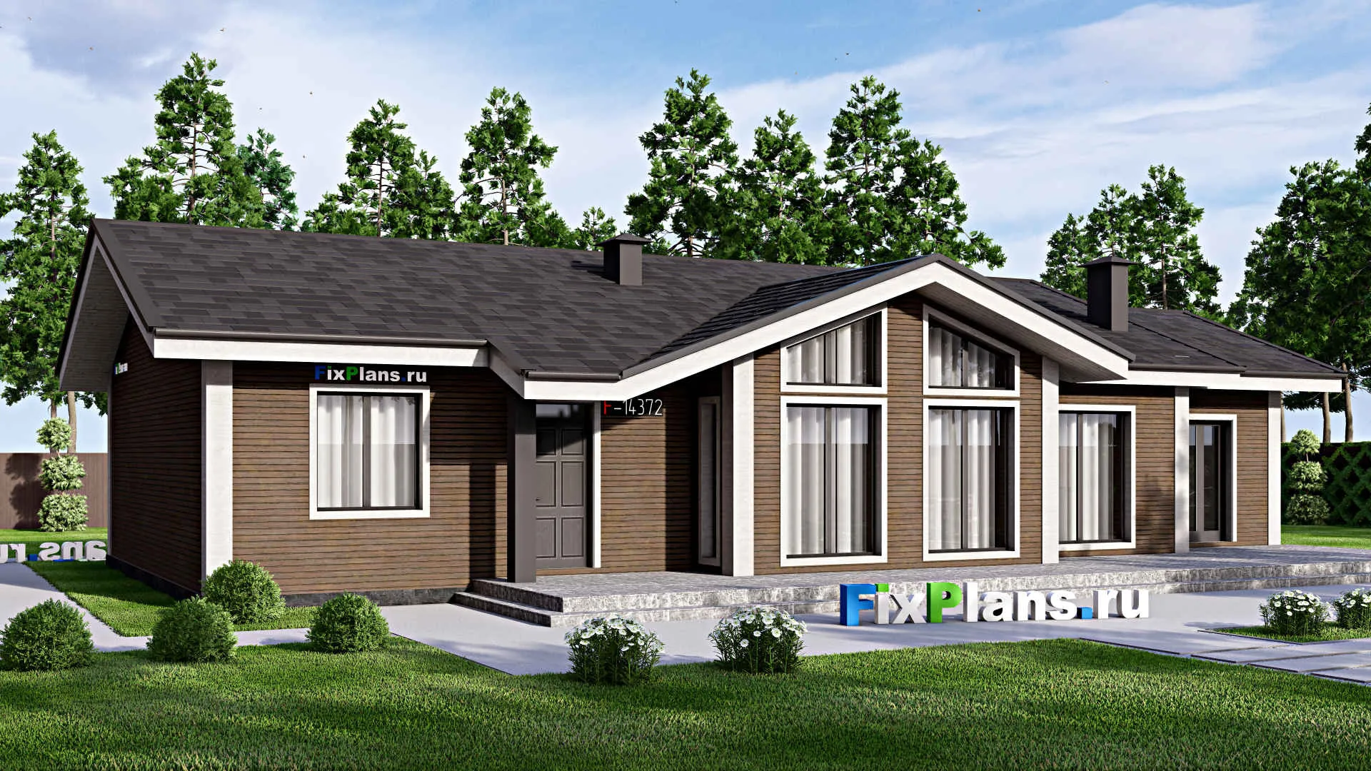 F-14372 - Проект одноэтажного дома 13 на 21, площадью 200 м² с террасой и 3 спальнями