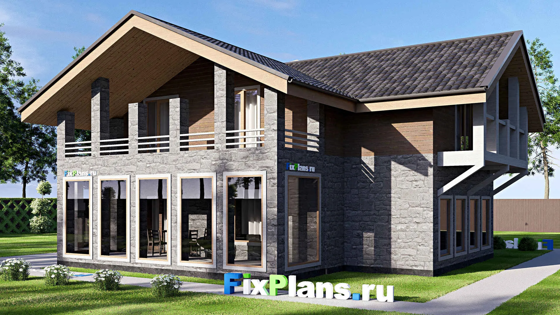 F-20078 - Планы дома с мансардой 15 на 15, площадью 260 м² с террасой, балконом и 3 спальнями