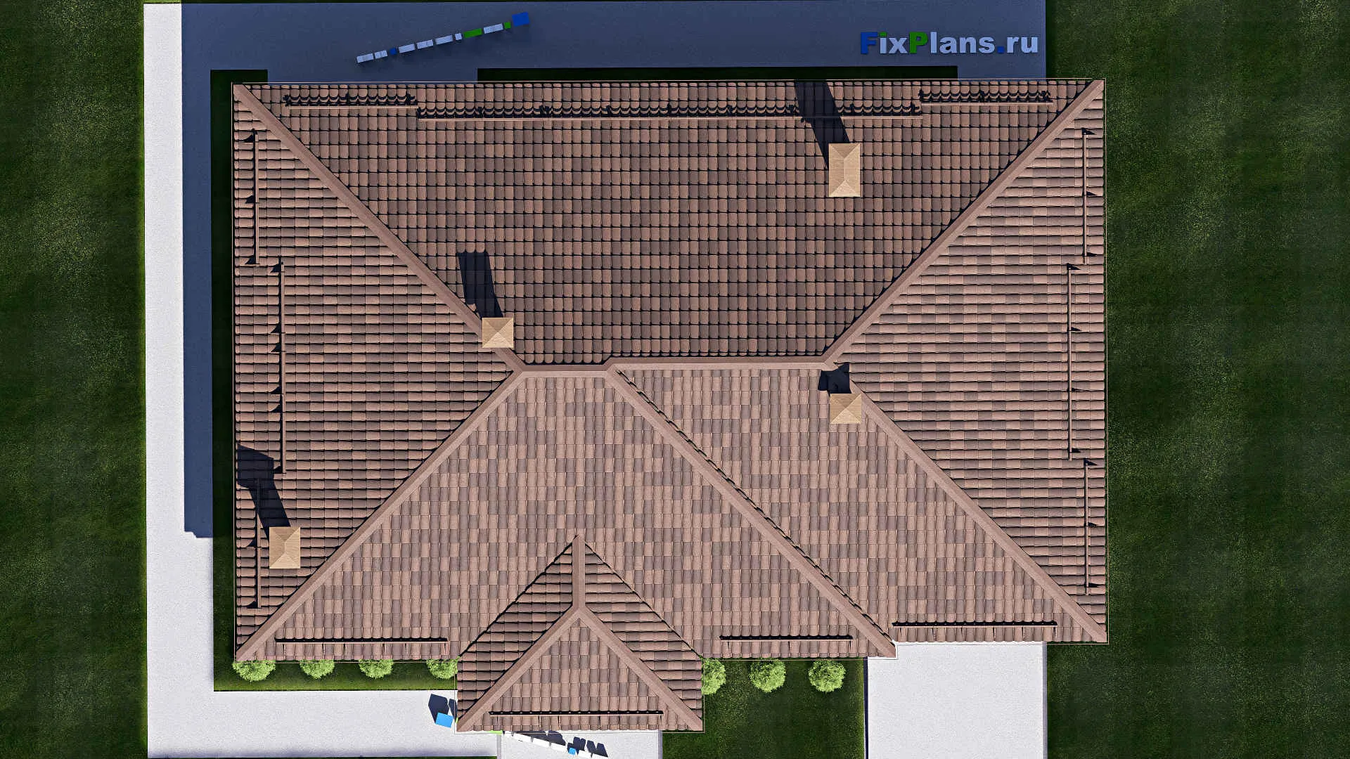 F-17333 - Проект одноэтажного дома 14 на 19, площадью 180 м² с террасой, гаражом на 2 машины и 3 спальнями