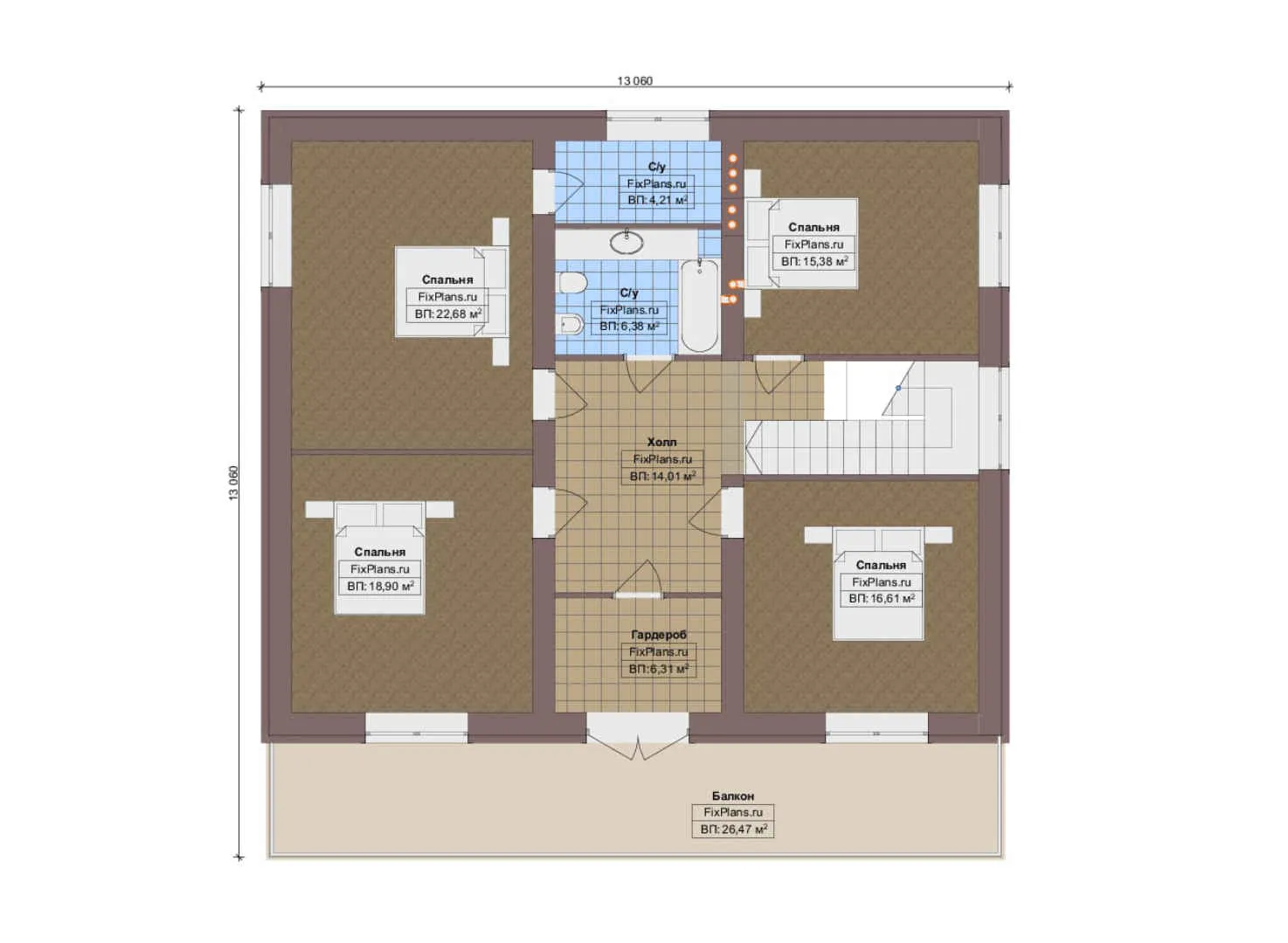 F-14723 - Планы двухэтажного дома 14 на 14, площадью 270 м² с террасой, балконом и 5 спальнями