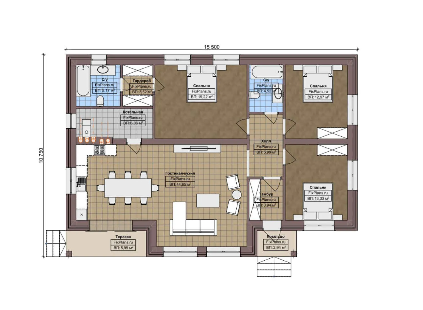 F-6092 - План одноэтажного дома 11 на 16, площадью 130 м² с террасой и 3 спальнями