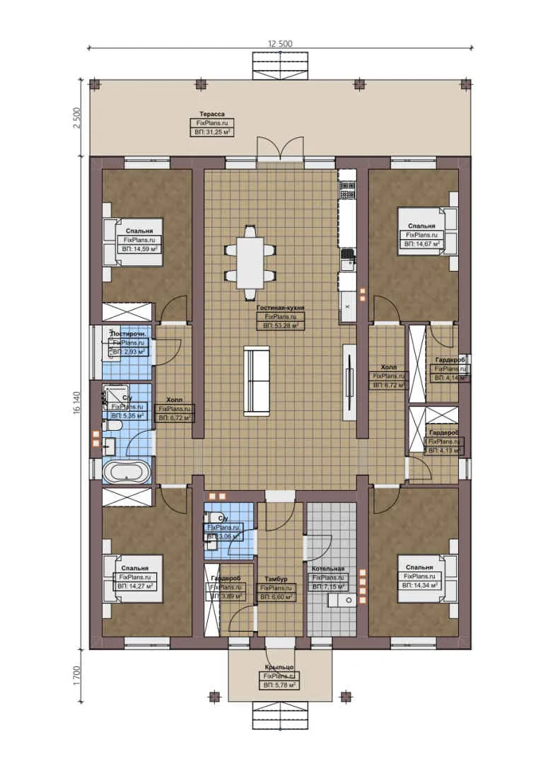 F-4787 - План одноэтажного дома 13 на 17, площадью 200 м² с террасой и 4 спальнями