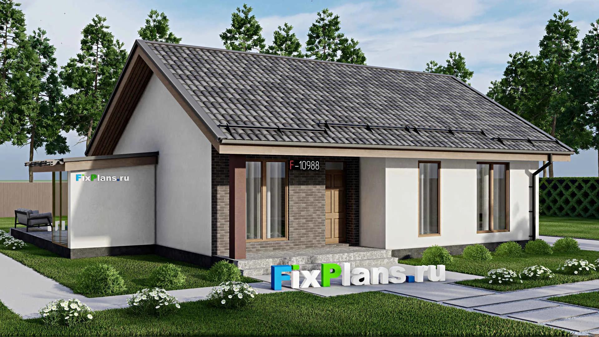 F-10988 - Проект одноэтажного дома 14 на 15, площадью 150 м² с террасой и 2 спальнями