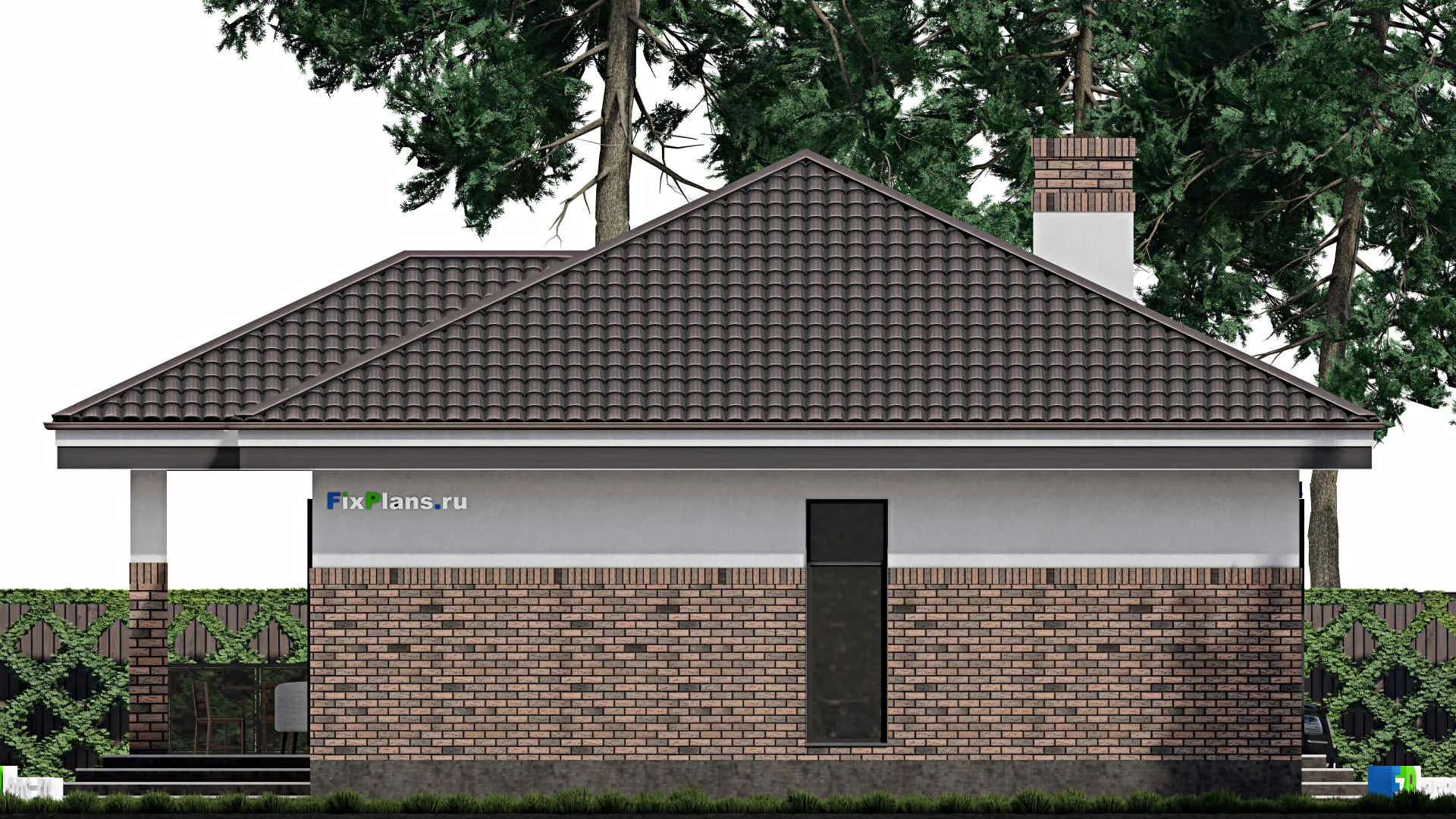 F-0881 - Проект одноэтажного дома 11 на 13, площадью 130 м² с террасой и 3 спальнями