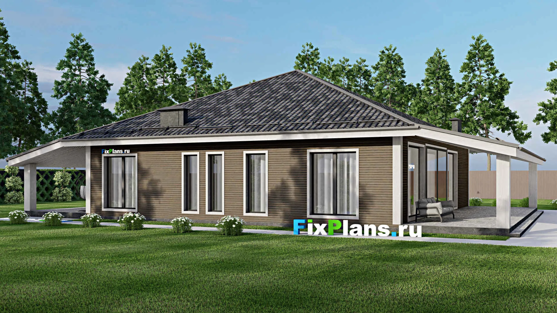 F-6839 - Проект одноэтажного дома 14 на 14, площадью 270 м² с террасой и 3 спальнями