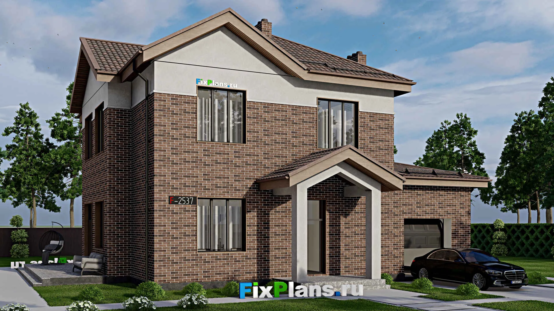 F-2537i - Проект двухэтажного дома 16 на 17, площадью 290 м² с террасой, гаражом на 1 машину и 5 спальнями