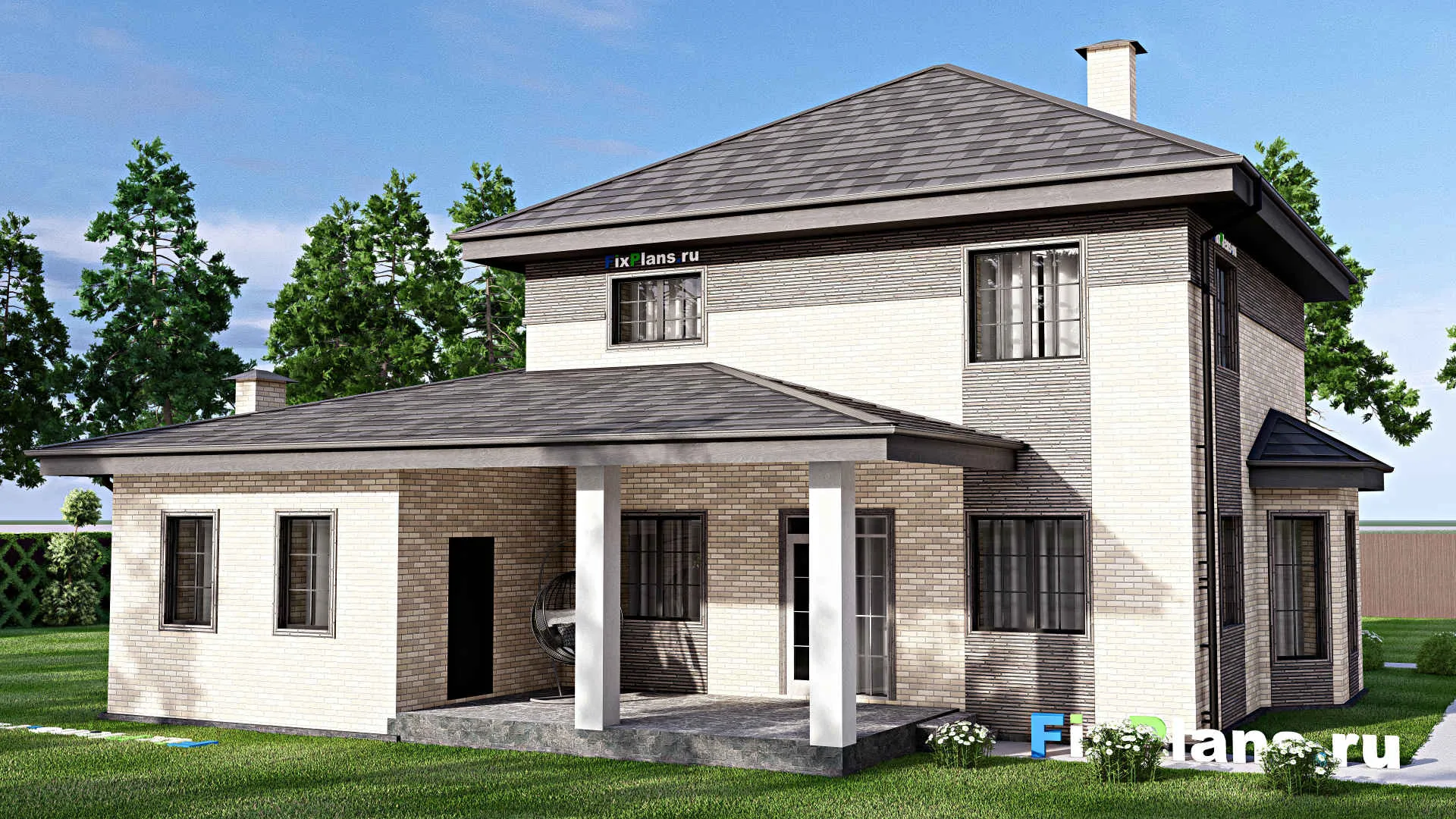 F-12635 - Проект двухэтажного дома 15 на 15, площадью 220 м² с террасой, баней, гаражом на 1 машину и 4 спальнями