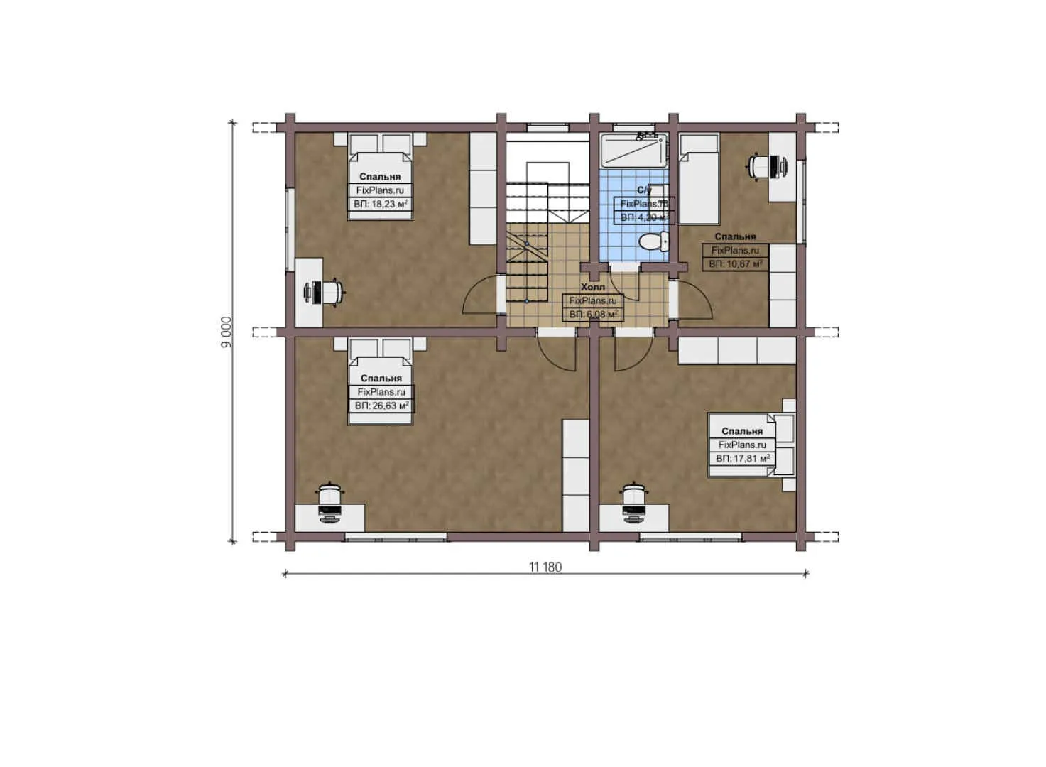 F-2087 - Планы двухэтажного дома 10 на 12, площадью 240 м² с террасой, баней, гаражом на 1 машину и 4 спальнями