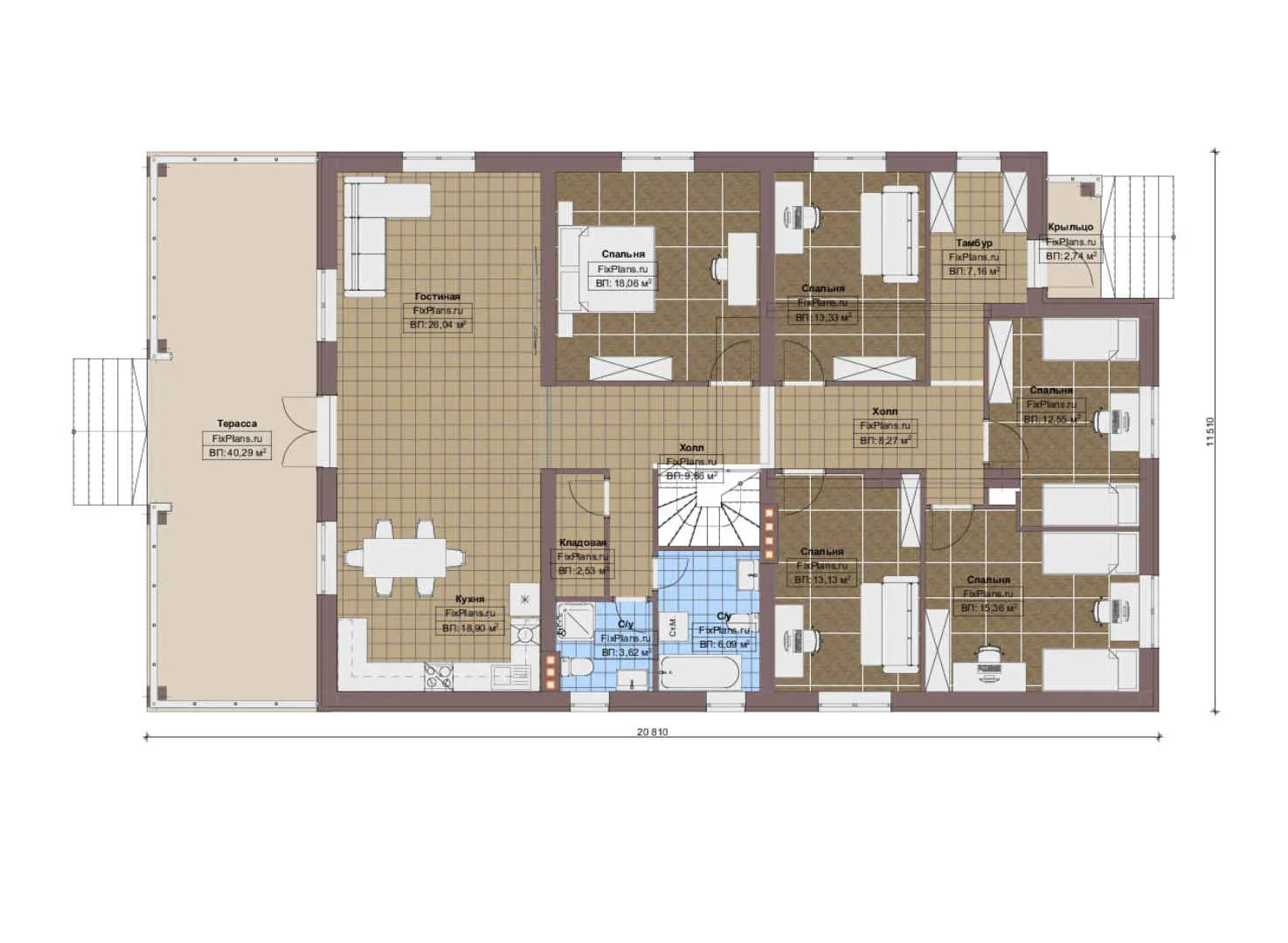 F-12554 - План одноэтажного дома 12 на 13, площадью 200 м² с террасой и 5 спальнями