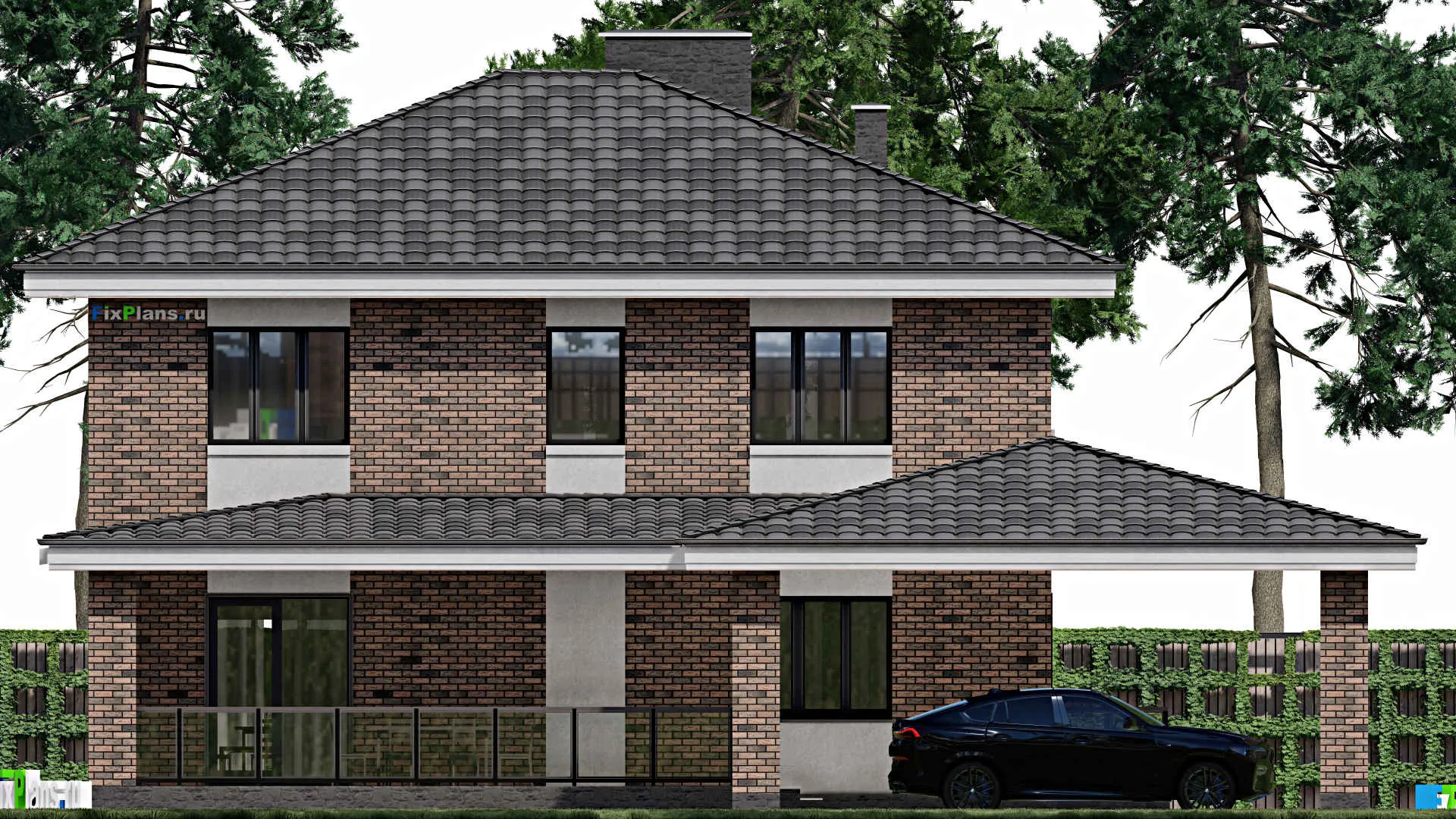 F-1151 - Проект двухэтажного дома 11 на 13, площадью 300 м² с террасой, гаражом на 1 машину и 4 спальнями