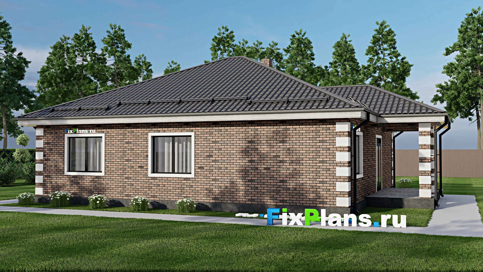 F-4328 - План одноэтажного дома 13 на 14, площадью 150 м² с террасой и 3 спальнями