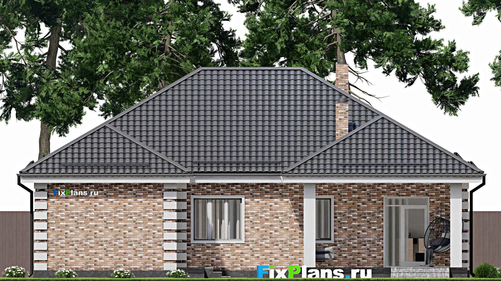 F-2951 - План одноэтажного дома 15 на 15, площадью 150 м² с террасой, гаражом на 1 машину и 3 спальнями