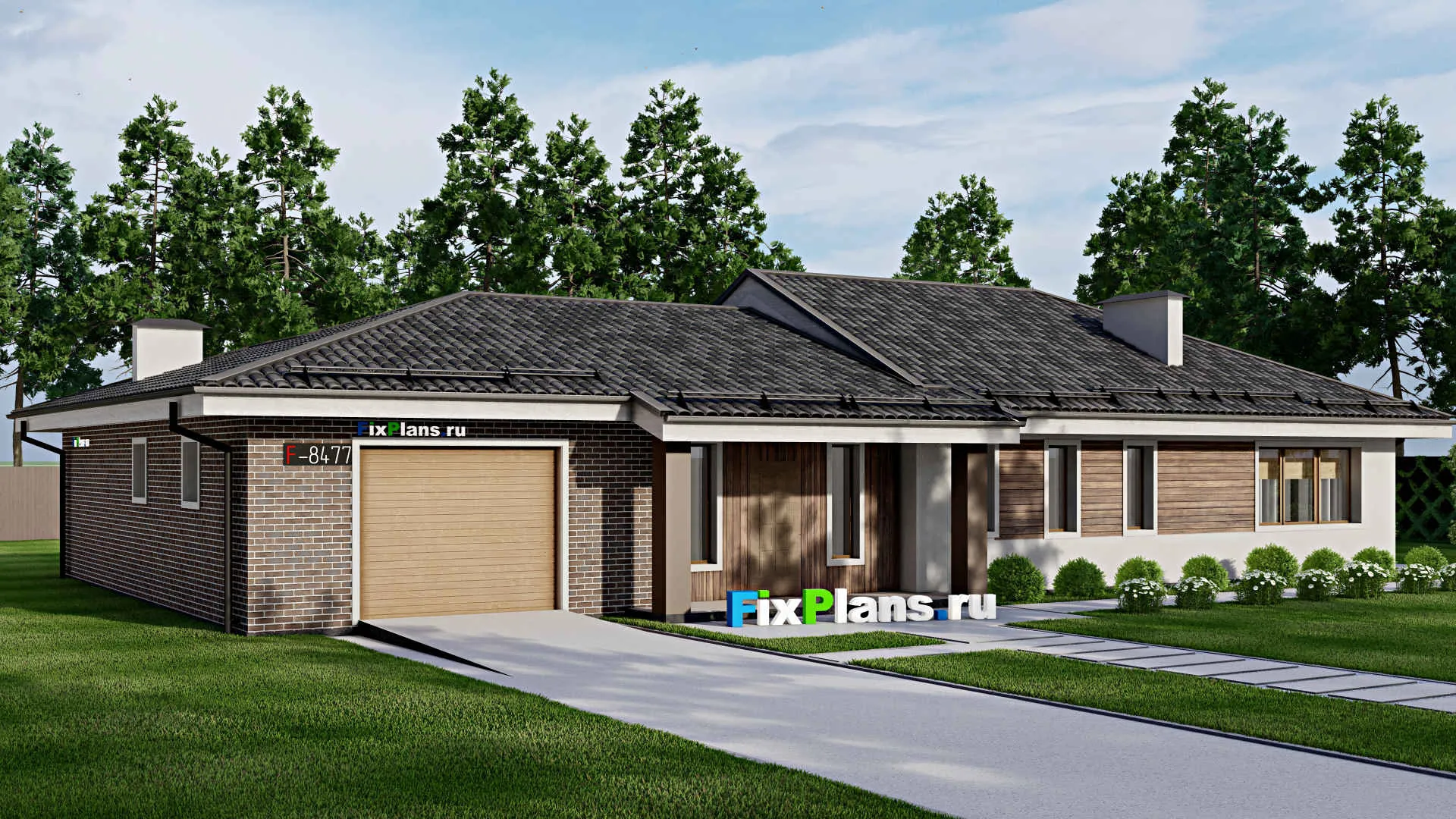 F-8477 - Проект одноэтажного дома 15 на 23, площадью 230 м² с террасой, гаражом на 2 машины и 3 спальнями