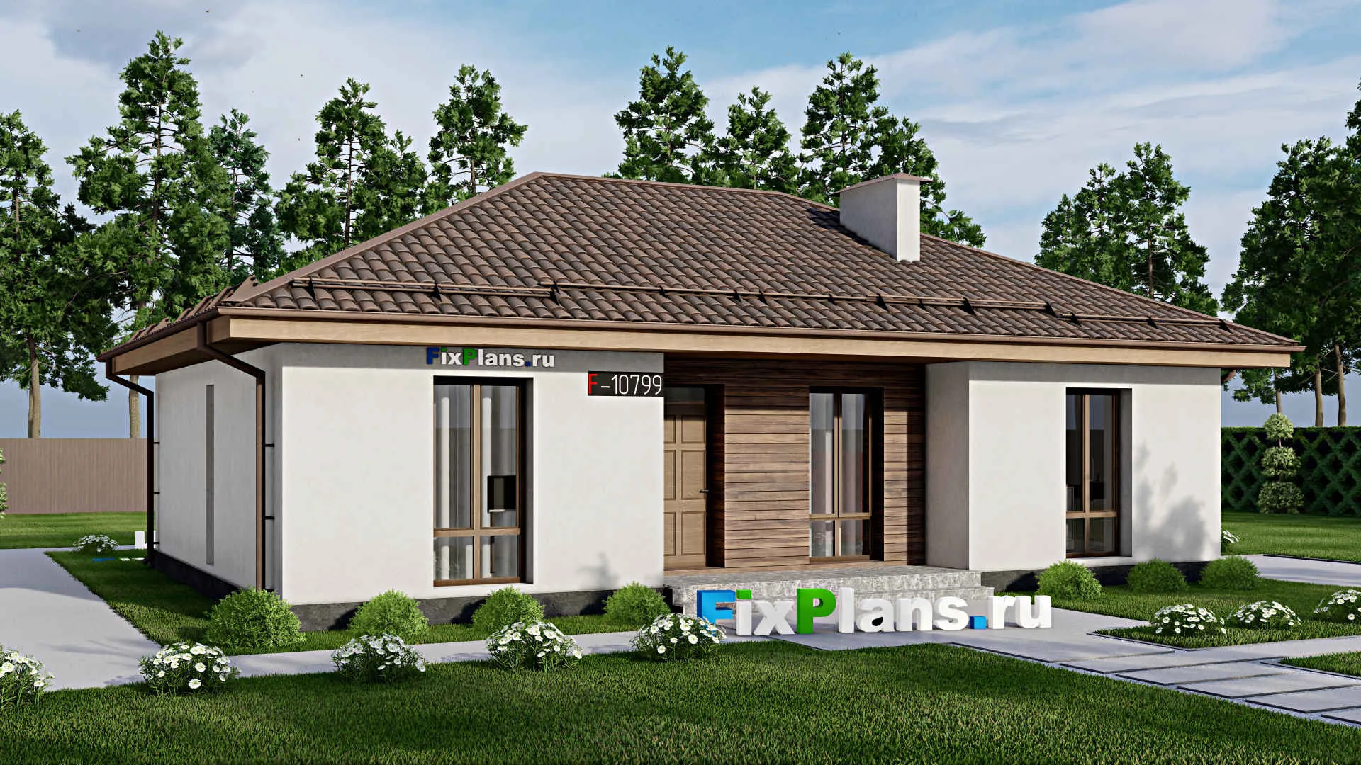 F-10799 - Проект одноэтажного дома 13 на 14, площадью 120 м² с террасой и 3 спальнями