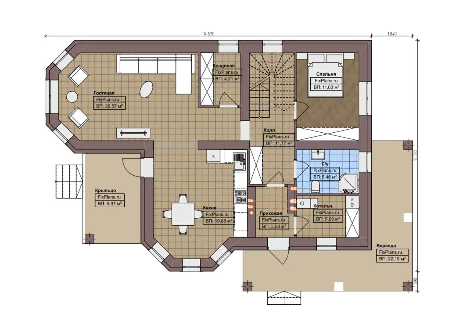 F-1592i - Планы дома с мансардой 11 на 15, площадью 210 м² с террасой и 5 спальнями