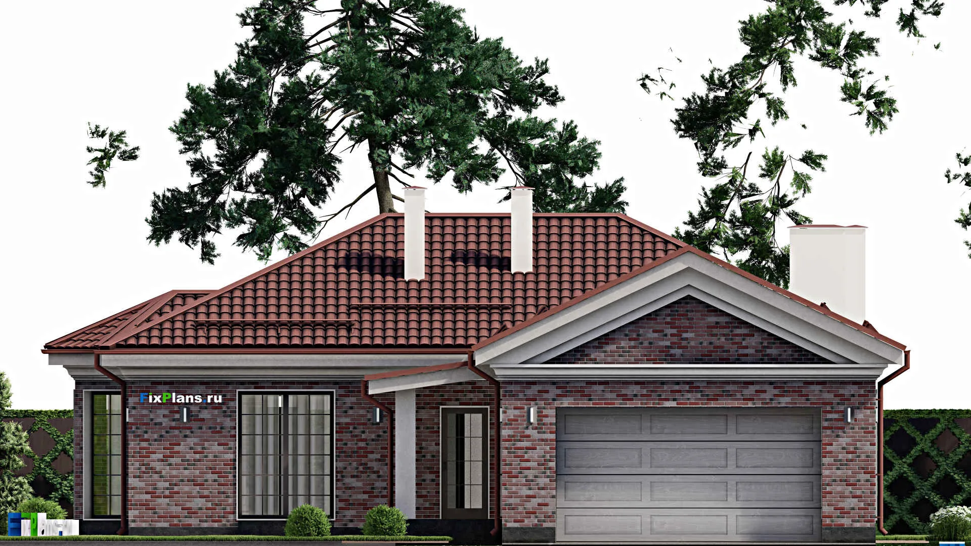 F-1484 - Проект одноэтажного дома 15 на 19, площадью 190 м² с террасой, гаражом на 1 машину и 3 спальнями