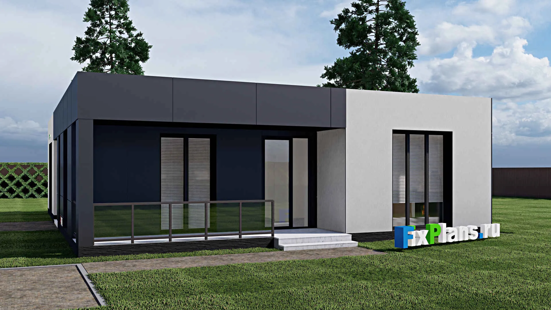 F-1043 - Проект одноэтажного дома 12 на 15, площадью 130 м² с террасой и 3 спальнями