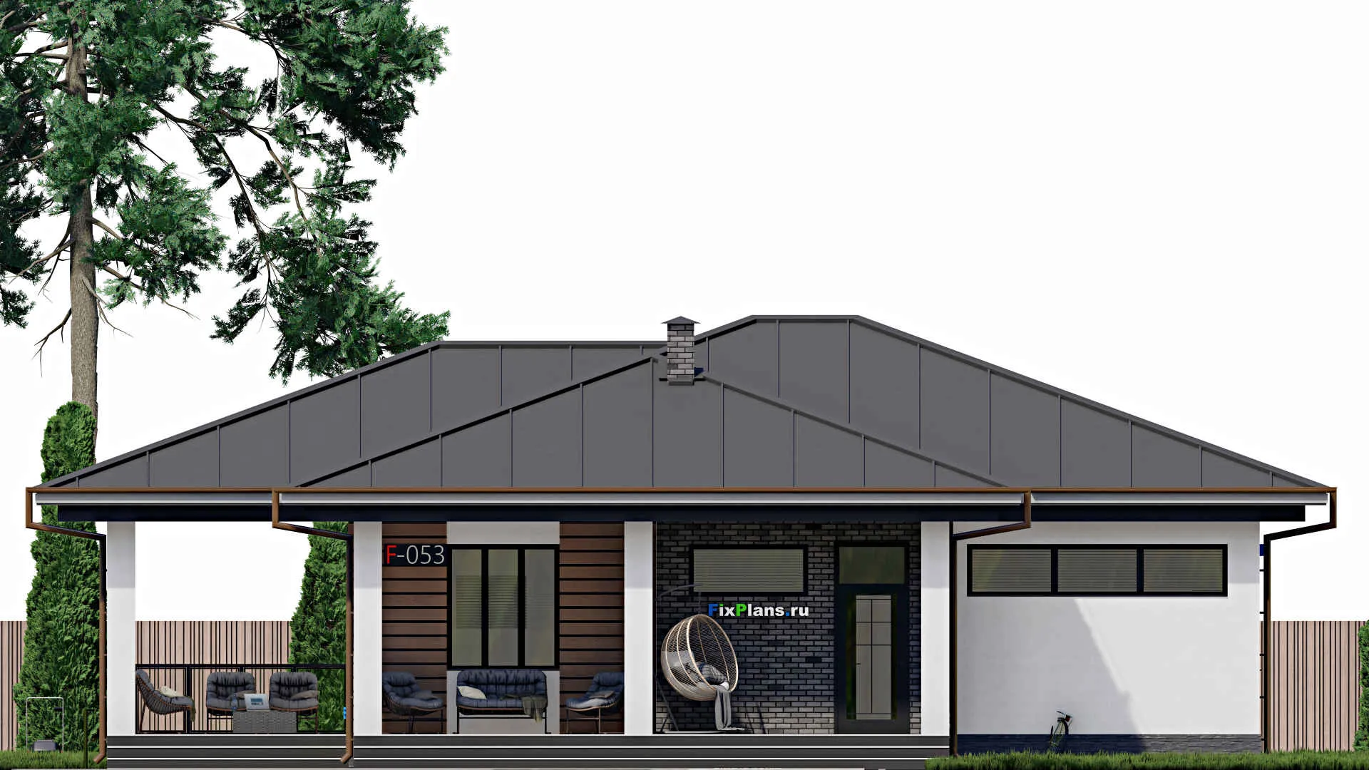 F-0053 - Проект одноэтажного дома 16 на 17, площадью 180 м² с террасой и 5 спальнями