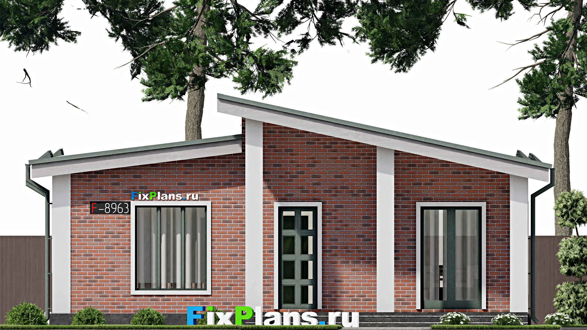 F-8963 - План одноэтажного дома 11 на 12, площадью 100 м² с террасой и 2 спальнями