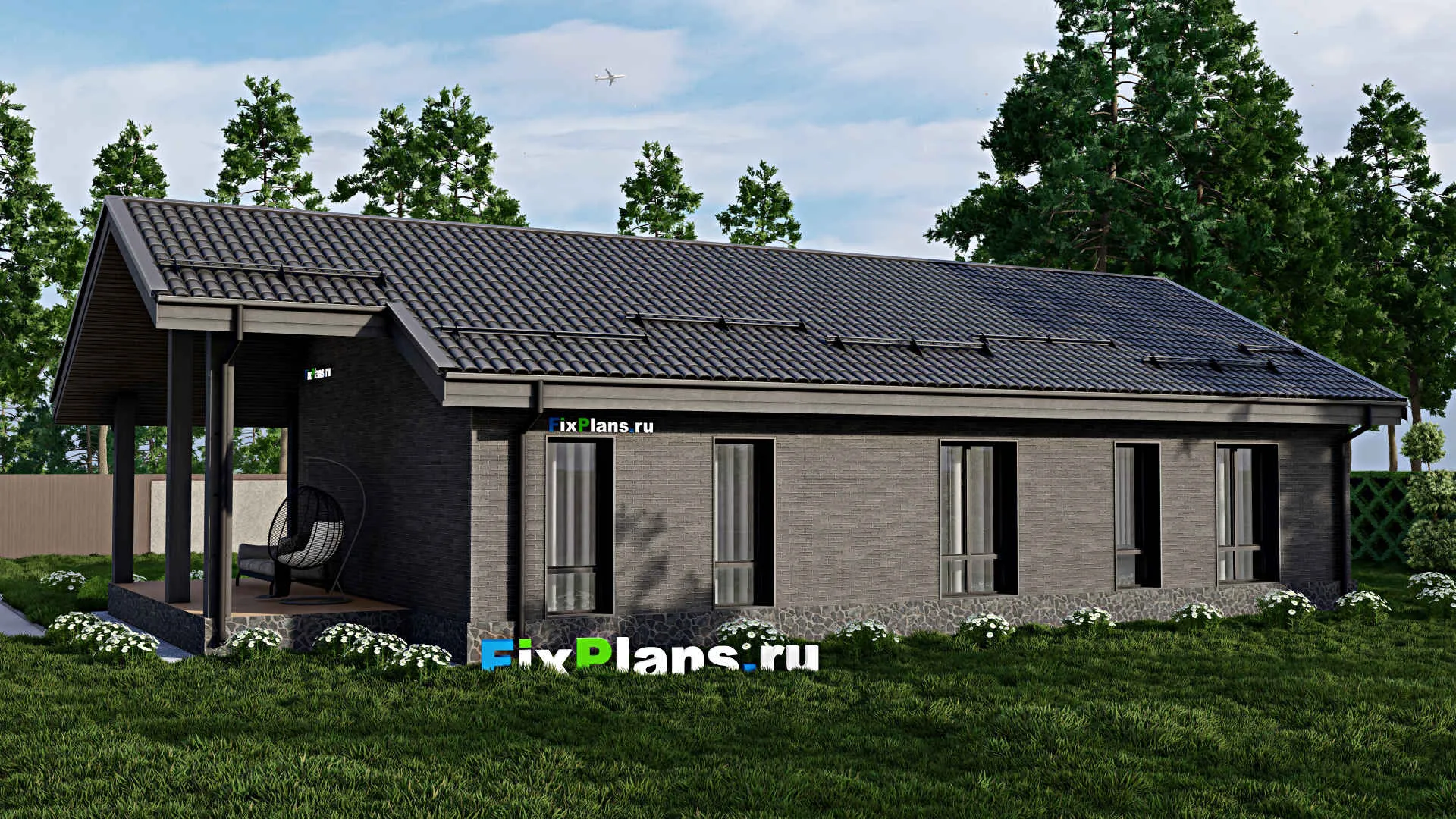 F-2069 - План одноэтажного дома 11 на 17, площадью 150 м² с террасой и 3 спальнями