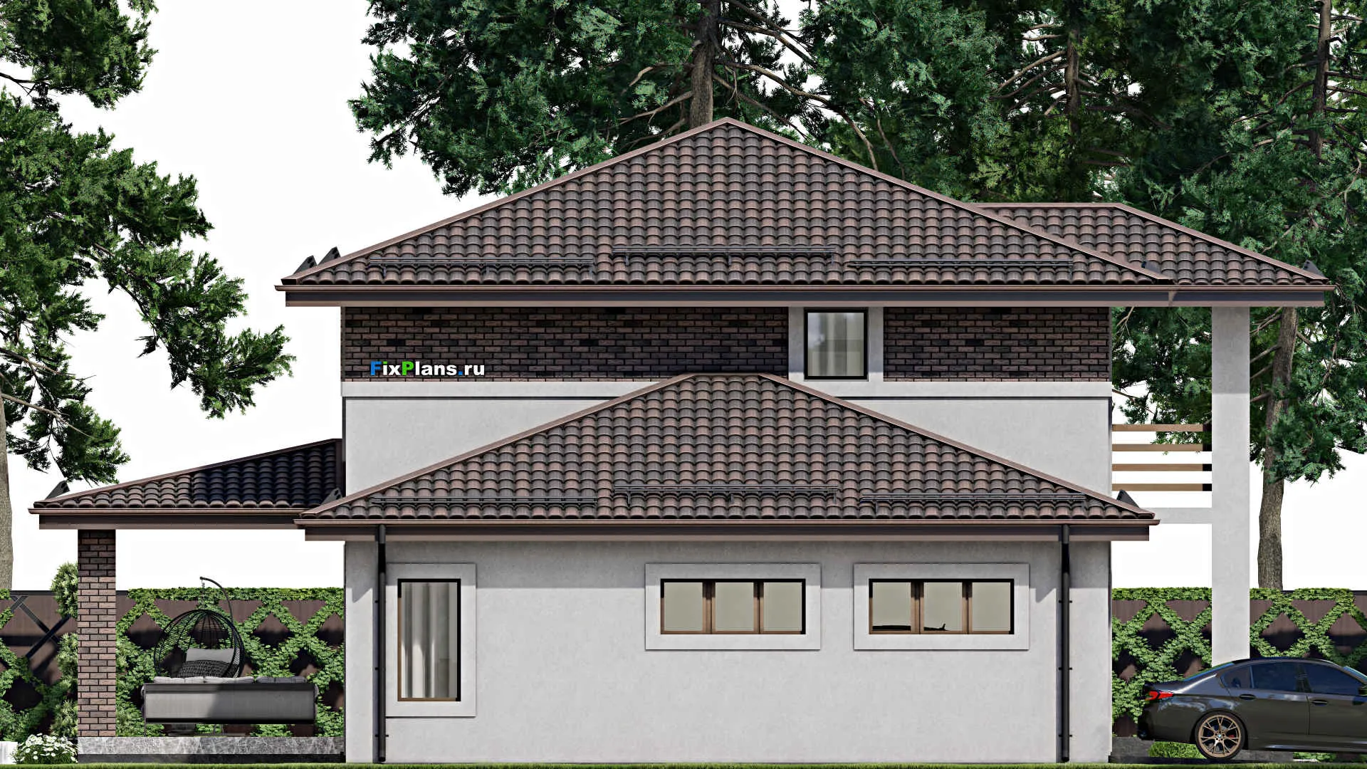 F-8387 - Проект двухэтажного дома 15 на 17, площадью 230 м² с террасой, балконом, гаражом на 1 машину и 3 спальнями